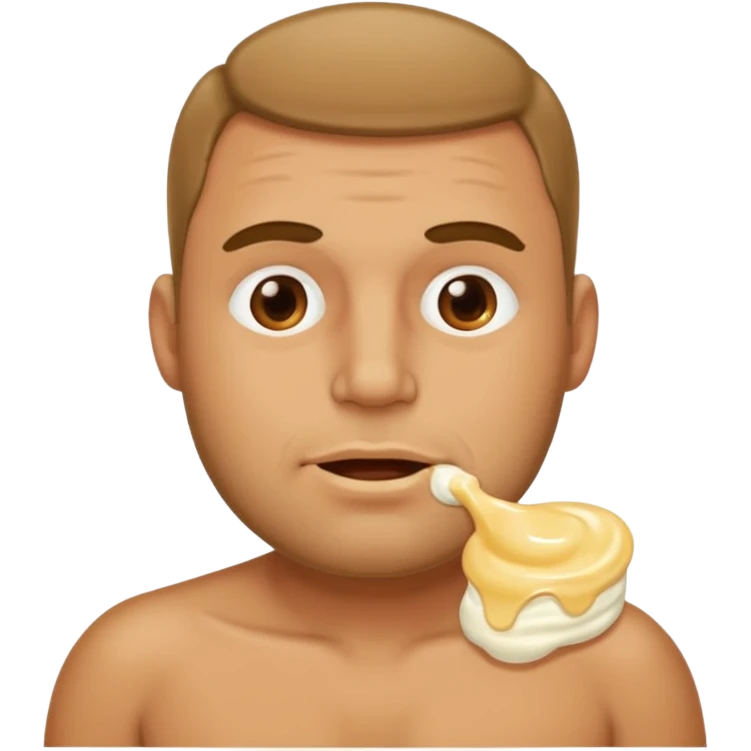 Stocky Tan man with cream on cheek mouth and chest emoji