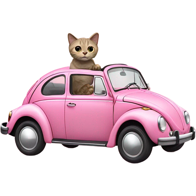 cat driving a vw pink beetle emoji