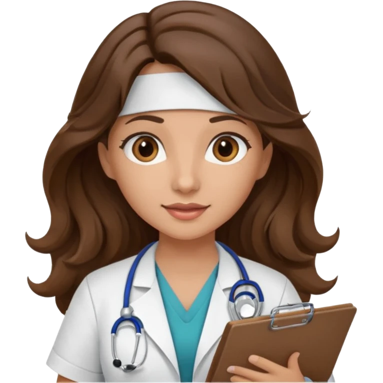 make a brunette nurse with long brown wavy hair and brown eyes holding a clipboard. she should also have a stethoscope around her neck. emoji