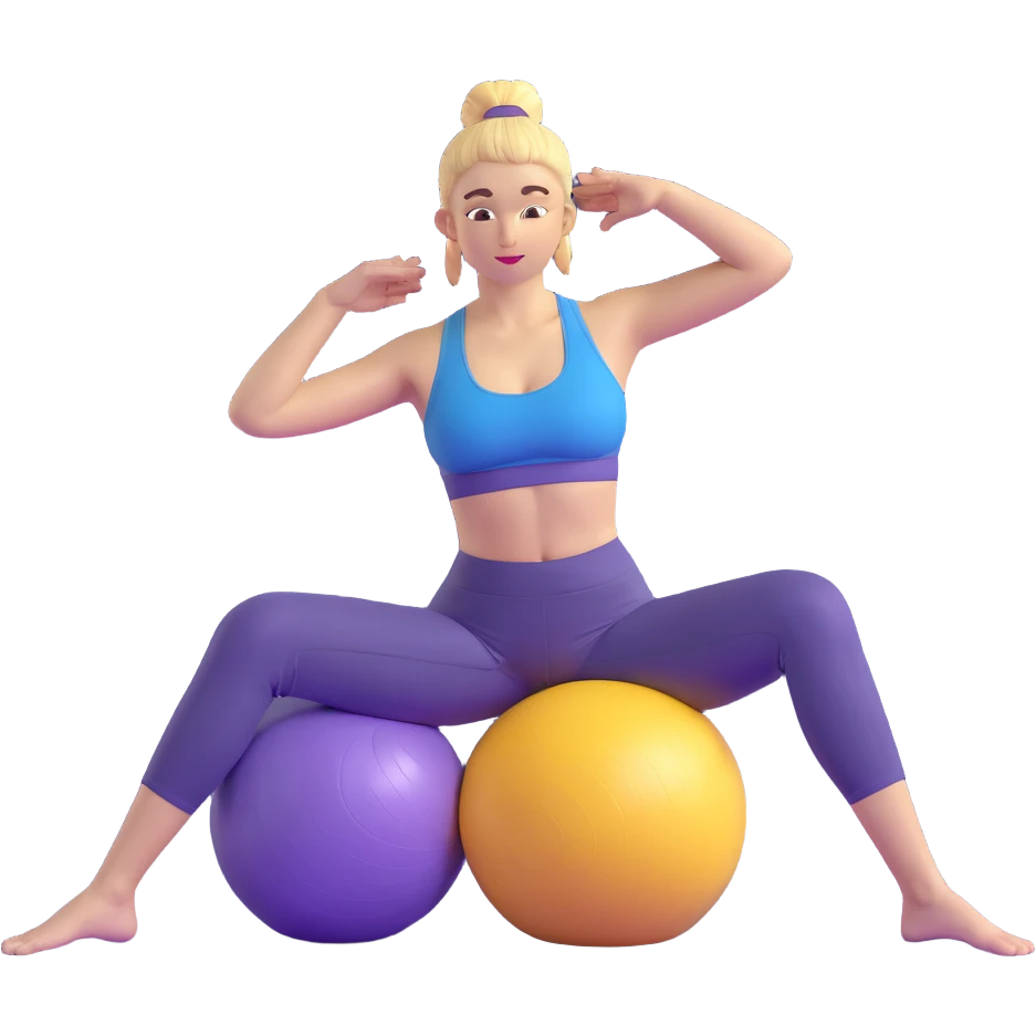 Yellow-skinned girl with high ponytail wearing blue sports bra and navy yoga pants doing yoga with a large exercise ball emoji