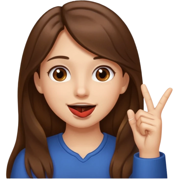 Emoji Fille cheveux long et brun yeux brun avec un doigt dans la bouche et sa mains un peut lancer et quel elle sourit  emoji