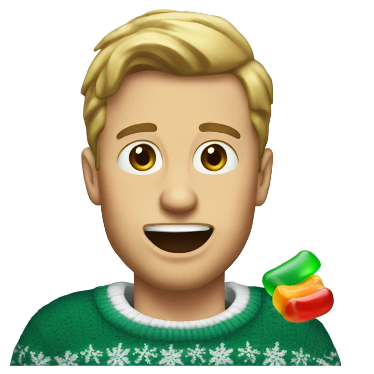 White guy in eagles Christmas sweater eating a gummy emoji