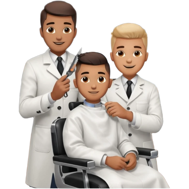 Barber cutting boys hair. Show the boy sat in black barber chair and both having smiles on their faces emoji