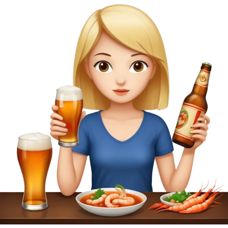 a young woman full length wathing series with a bottle of beer and tom yum  emoji