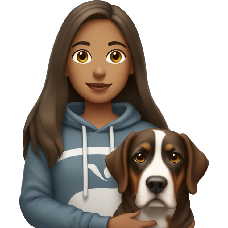 girl with long brown hair in a sweatshirt holding a greater swiss mountain dog emoji