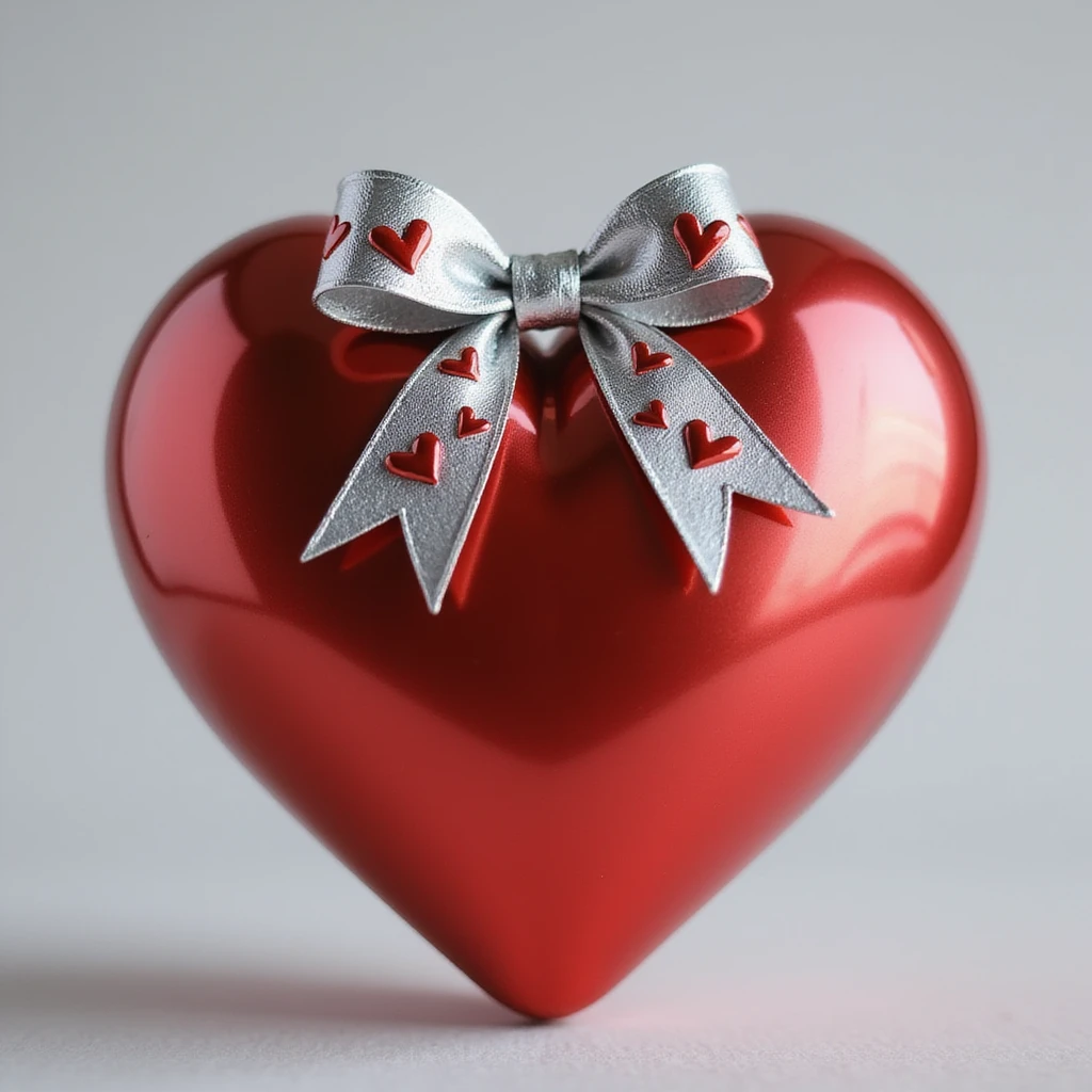 realistic heart with a silver bow decorated with heart pattern on the bow, photorealistic style emoji