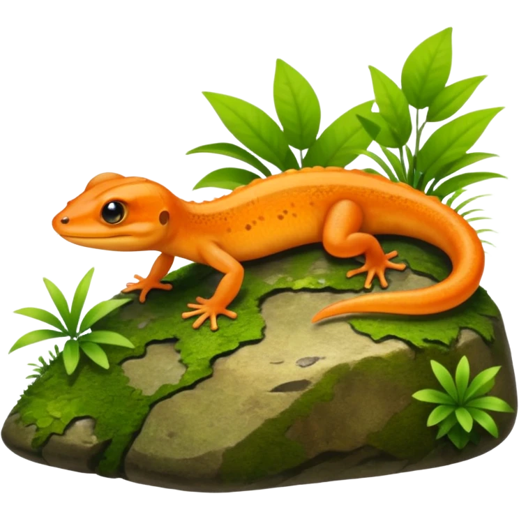 A small orange-brown newt on a mossy rock near a pond. Realistic lighting, visible tail, green plants and soft sunlight, detailed wildlife photo. emoji