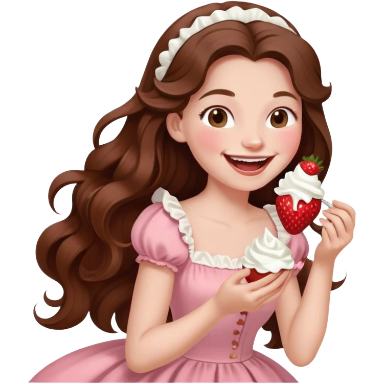 Girl with long brown hair eating strawberries and whipped cream, laughing pale pink elegant timeless  emoji