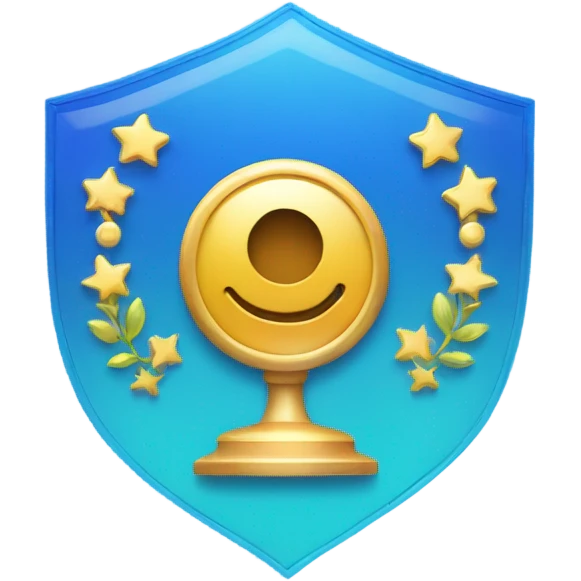 An elegant badge icon shaped like a news banner, with a gradient blue background, subtle sparkles, and a small microphone symbol to represent a fresh start for new members emoji