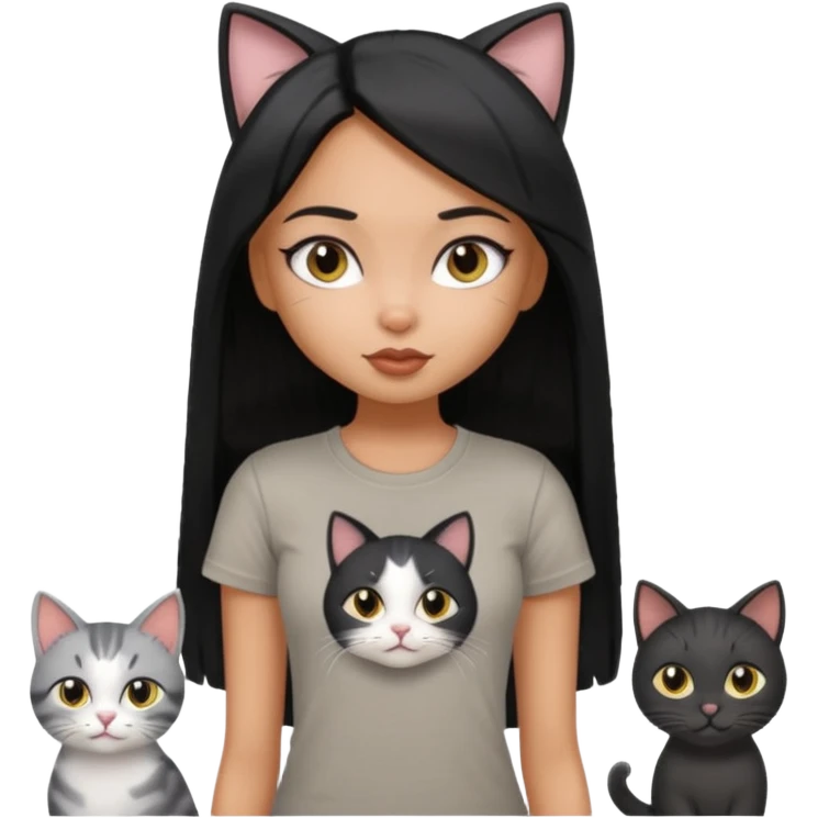 a pretty bratz dusky girl with long straight hair with four cats nd wearing a grey tshirt emoji