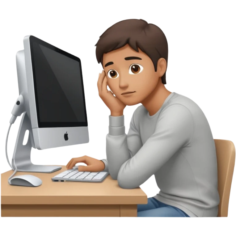 emoji of a man sitting at the table with an imac on it, a man is sitting in a very thoughtful pose, he has his hands on the table and his head resting on them emoji
