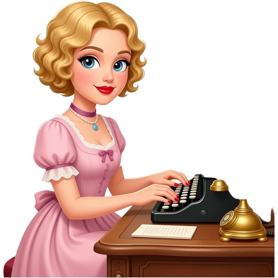 short blonde curly pixie bob hair in a 1800 pink outfit sitting down an antique desk, antique phone, and typing on an antique typewriter with red lipstick, red finger nails and in a Victorian setting emoji