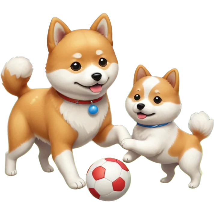2 dogs, a ginger shiba inu and a small white dog breed coton de tulear, playing with a ball in a sunny garden emoji