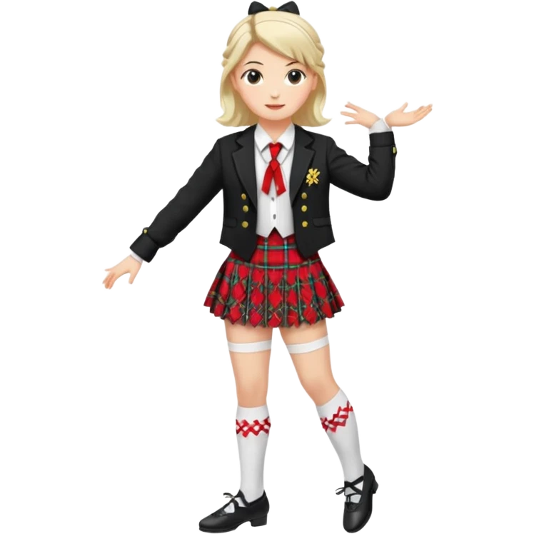 Highland dancing argyle just over the knee socks, blouse, highland dancing jacket, tartan miniskirt and highland dancing shoes emoji