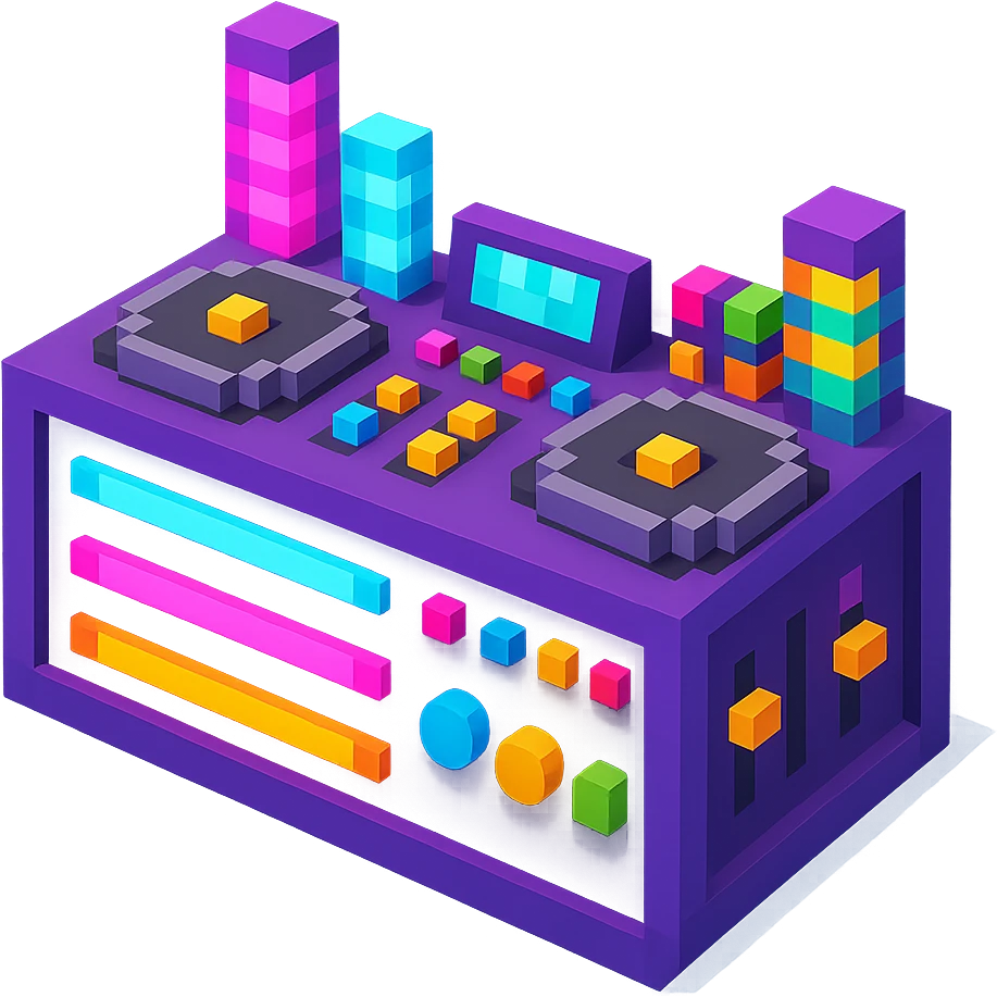 DJ booth with vibrant neon lights, glowing buttons, and a futuristic design emoji