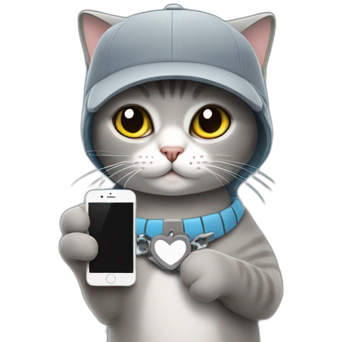 grey shorthair cat wearing a brige cap and holding iphone on one hand emoji