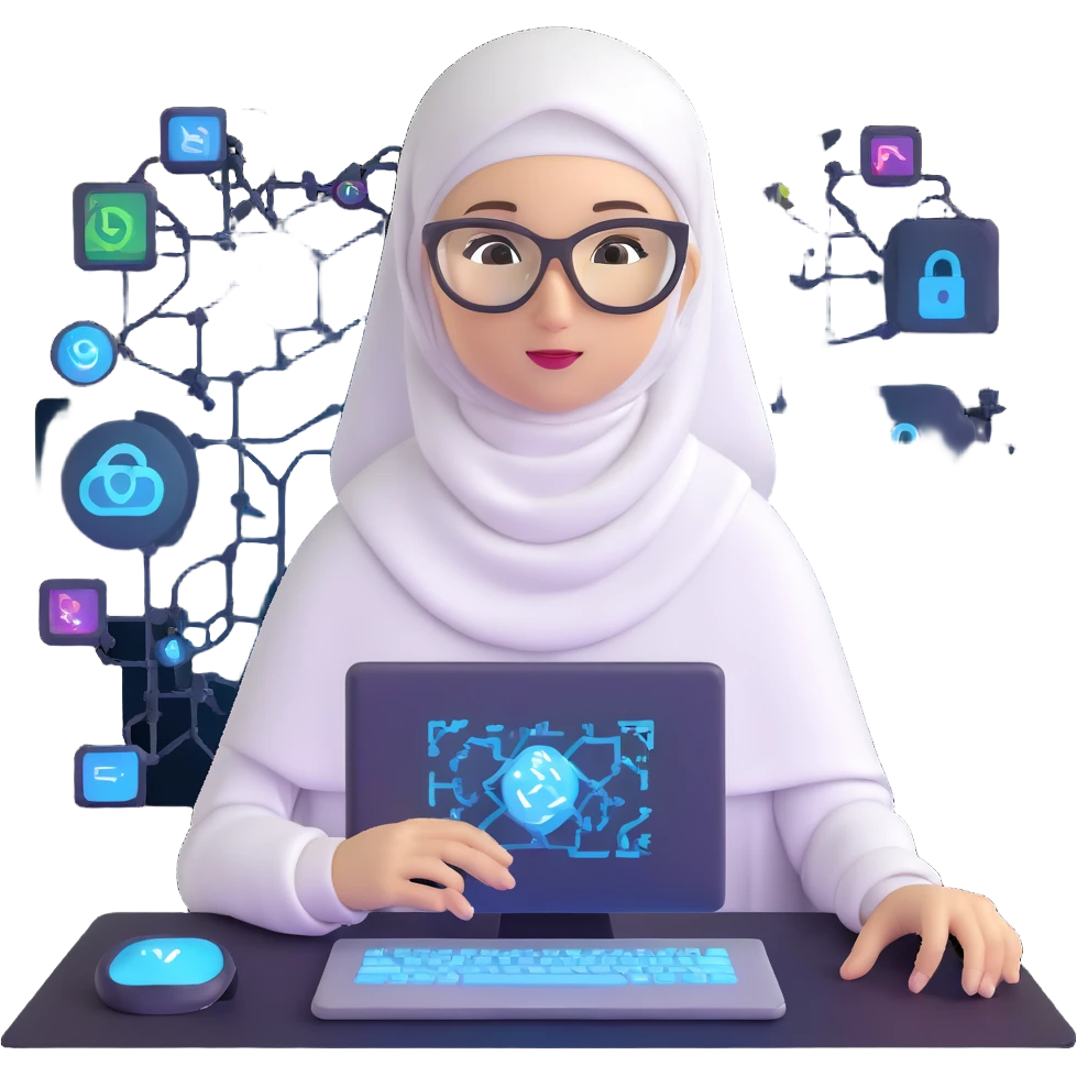 computer engineer with white hijab actively coding and building in the metaverse, hands manipulating holographic code, creating virtual structures, programming digital environments, surrounded by her code creations coming to life, AR glasses on emoji