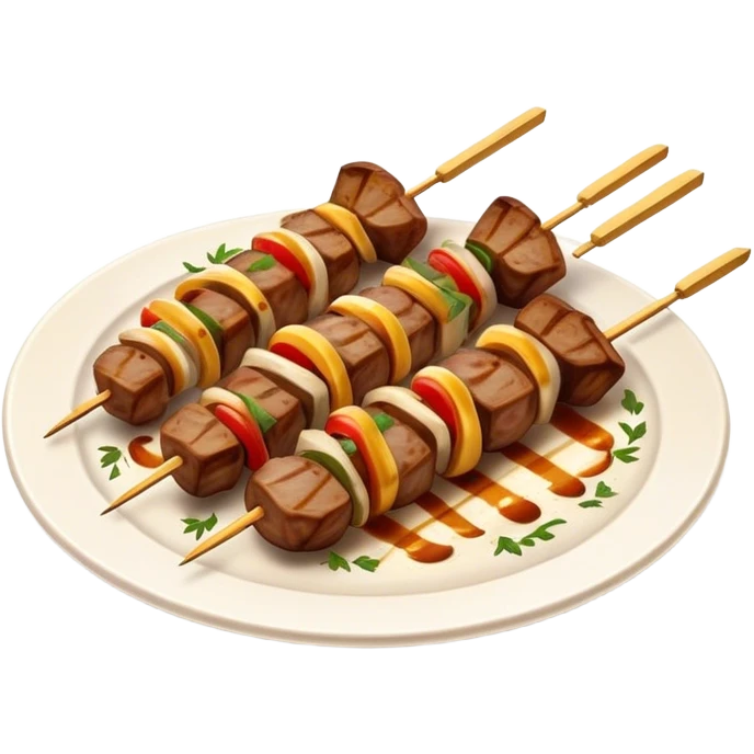 Cinematic Realistic Souvlaki Dish Emoji, showcasing skewered, grilled meat with Mediterranean spices rendered with dynamic textures and warm, appetizing lighting. emoji