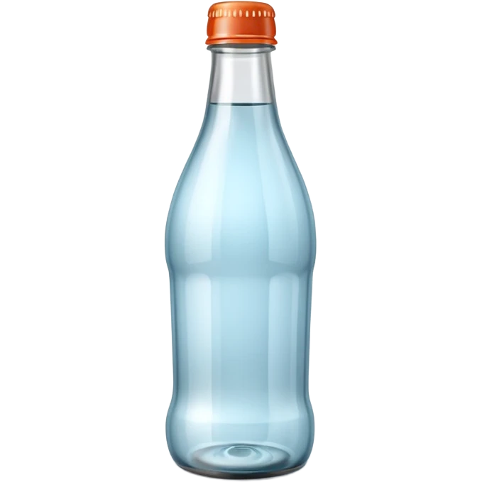 A 3D Apple-style empty soda bottle emoji, classic transparent glass with a narrow neck, no liquid inside, shiny reflective surface, light highlights on the glass, simple round body with a small cap, clean minimal background. emoji