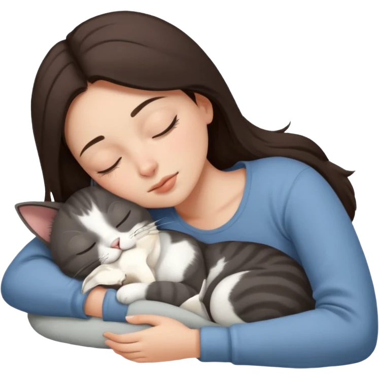 Brunette girl  sleeping with grey white  cat emoji