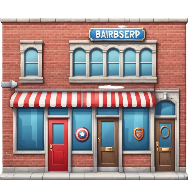 barbershop exterior with secret superhero lair hidden inside, barber pole, secret entrance emoji