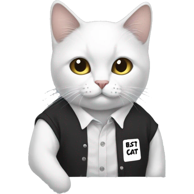 Black and white cat wearing a shirt that says best cat ever emoji