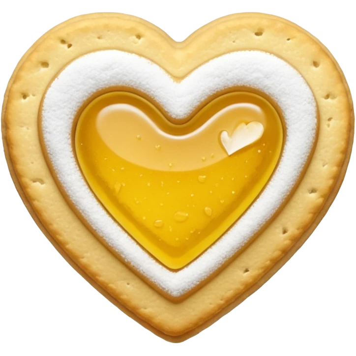 Realistic shortbread cookie in the shape of a heart with color of lemon jelly middle filling and sprinkled powder sugar on top. emoji