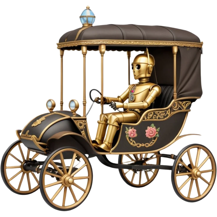 Old American West C-3PO policeman in 1864 delicately ornate rosegold accents painted buggy powered by electric motors and batteries with safety features and belts  emoji