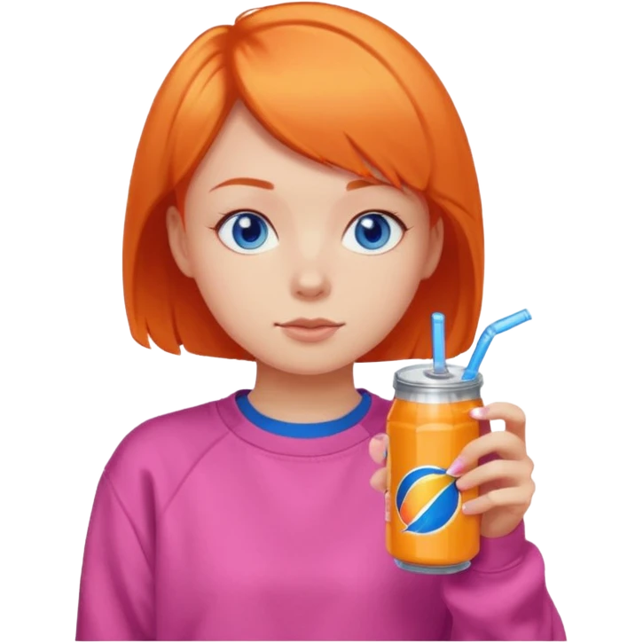 orange short hair girl sipping energy drink, blue eyes, pink sweatshirt emoji