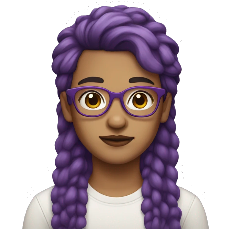 Non binary person with square glasses, brown eyes, purple hair in a pixi mullet  emoji