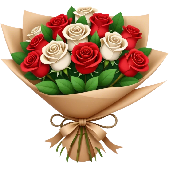 Rose bouquet wrapped in light brown paper, red and white roses. The paper must show at the back and the bow must be rope. White and res roses. Just a bit bigger emoji