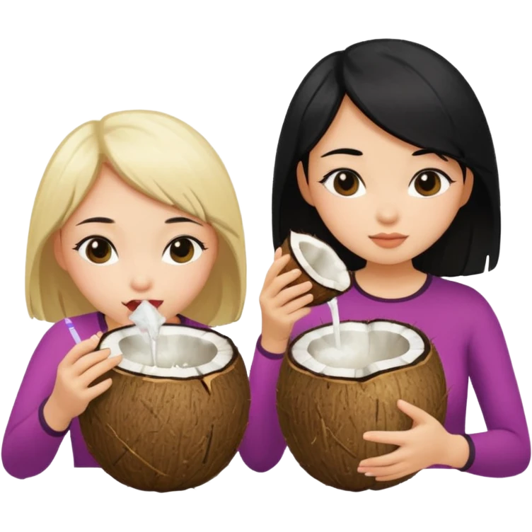 Two girls drinking out of a coconut one is Asian with black hair the other is white with blonde hair  emoji