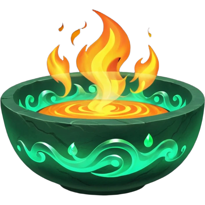 Enchanted emerald big fire rising from a flat stone bowl emoji