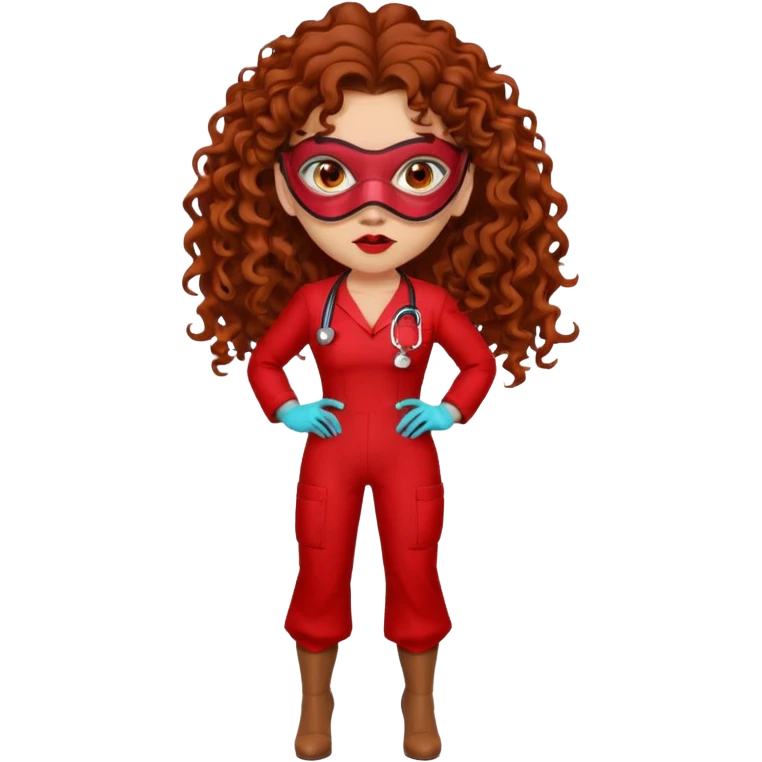 Sensual Spanish Lilith core evil surgeon.red outfit.  Surgeon has hazel eyes. Her hair is BROWN. Hair is also  long and  curly. wearing a sexy surgeon outfit with platform  heels.she is a calculated killer. She covers only her mouth and nose with mask to hide identity emoji