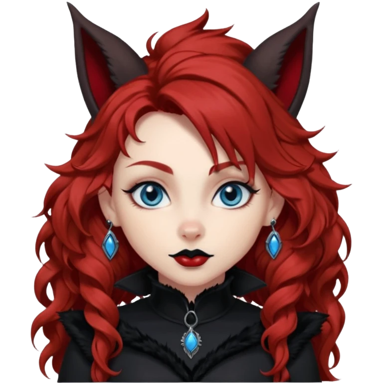  long curly red hair (darker), red pointed ears with black trim, black goth outfits, body and face human, blue eyes, more pointy chin, black lipstick, big fluffy red squirrel tail with black tips, like the attached photo with more outfits and poses,  emoji