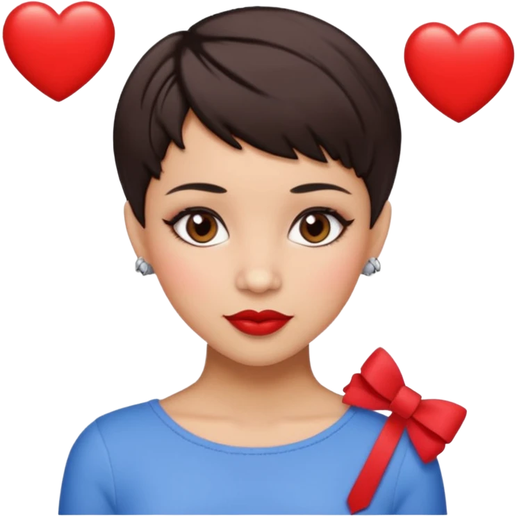 woman pixie cut dark brown hair with barrettes, hispanic, brown oval eyes, heart shaped face emoji