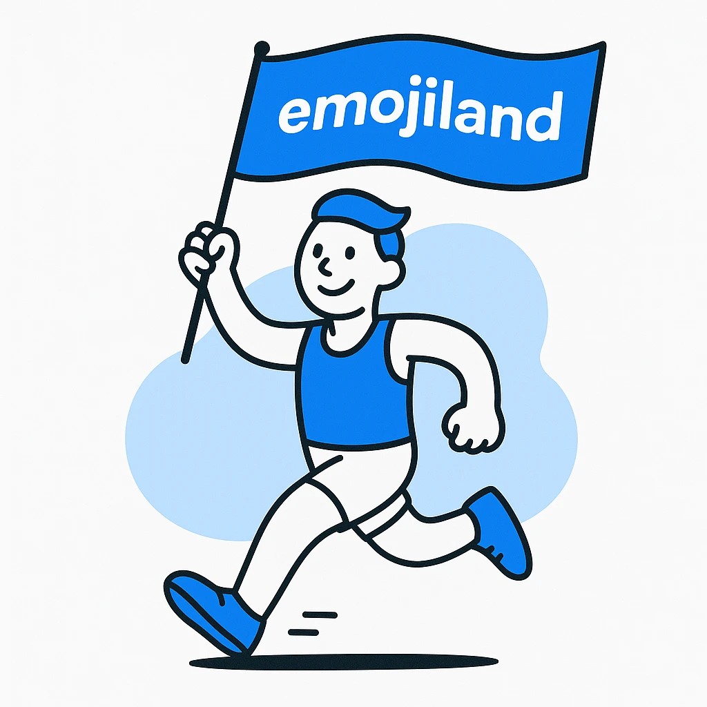 happy runner waving a flag that says 'emojiland' emoji