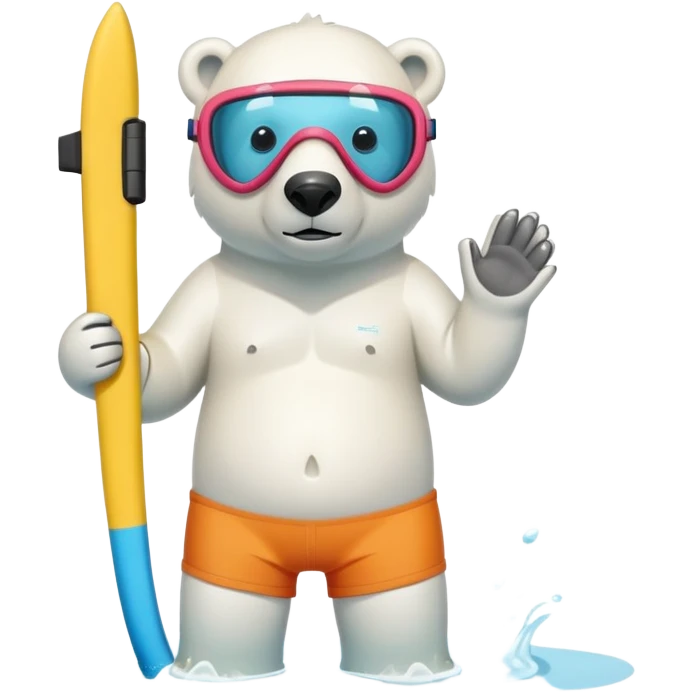 friendly anthropomorphised polar bear standing in a small puddle, wearing colorful board shorts, scuba mask over eyes, snorkel tube attached emoji