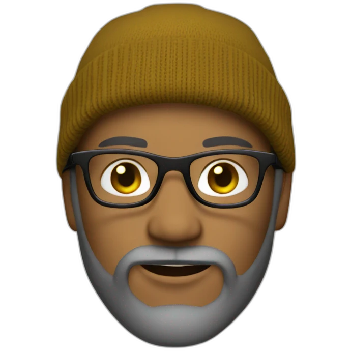 brown bearded white guy with clear framed glasses wearing yellow beanie black shirt emoji
