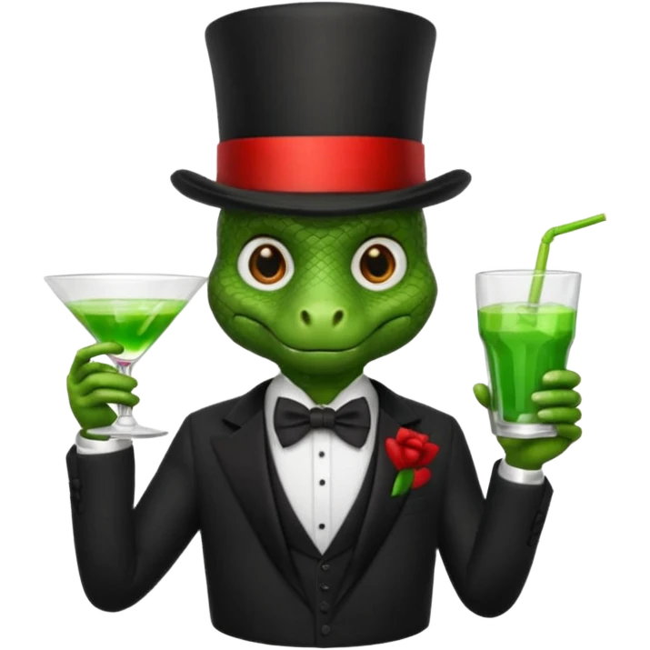 snake wearing suit, bowtie and top hat, holding a glass of green drink emoji