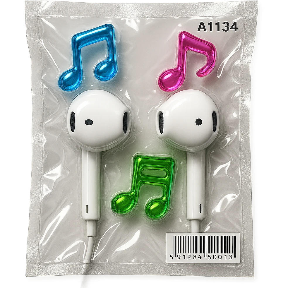 pair of white EarPods with three floating glass music notes in neon colors, shiny and puffy emoji