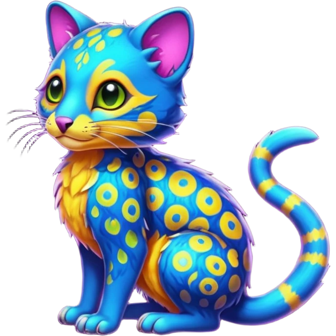Colorful neon-colored tropical exotic shiny beautiful fantasy-marsupial-feline-Cacomistle-oncilla-animal-hybrid (full body) emoji