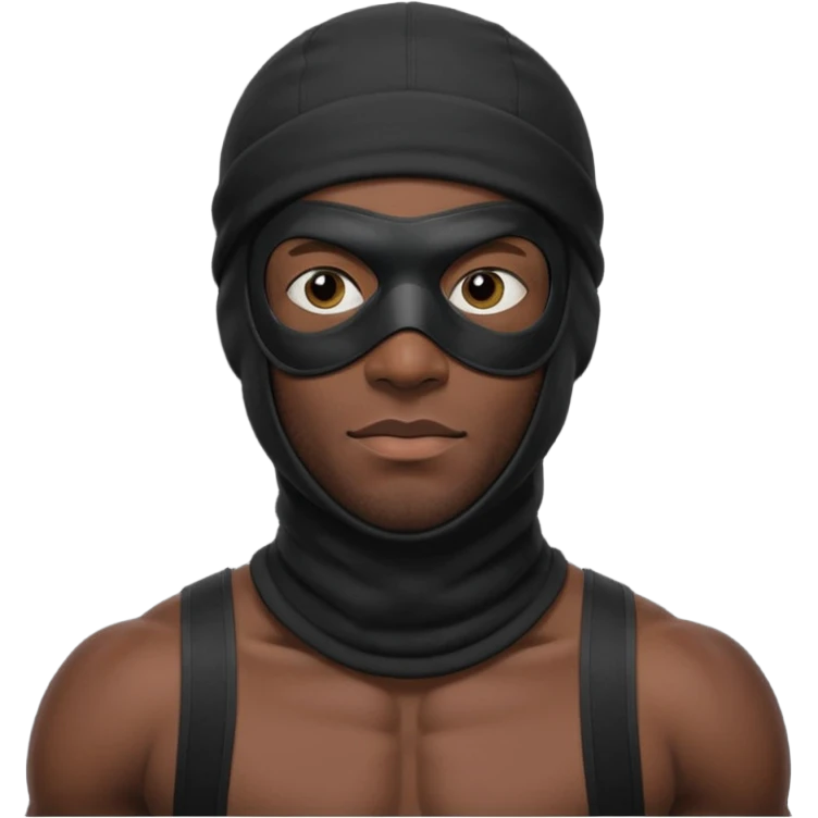 smug muscular african male black ski mask wearing guy with no top. wears a full ski mask with only eyes revealed emoji
