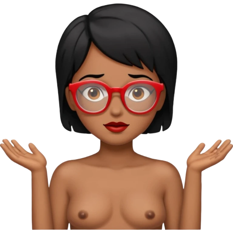 Topless shrug, black hair, red glasses, brown skin emoji