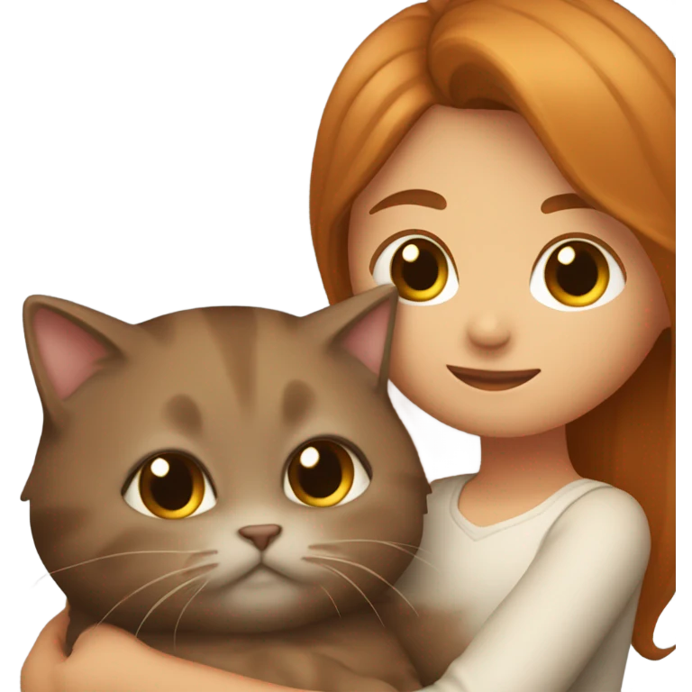 Girl with ombere hair color hugging a brown scottish cat emoji
