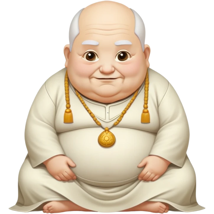 fat old temple priest, hunched posture, mischievous closed smile, unsettling expression emoji
