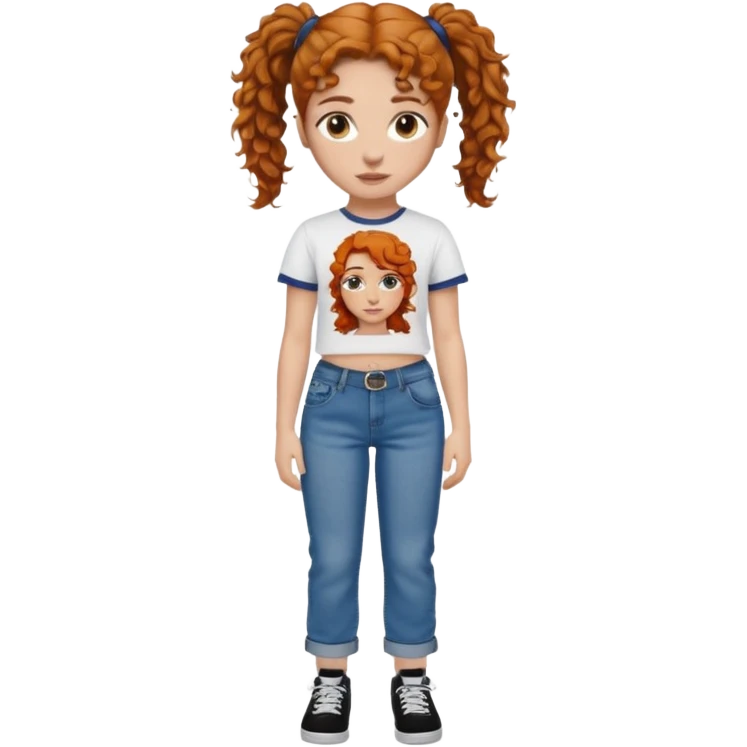 Girl with brow when ginger curly hair in one ponytail with a tupac shirt and loose jeans emoji