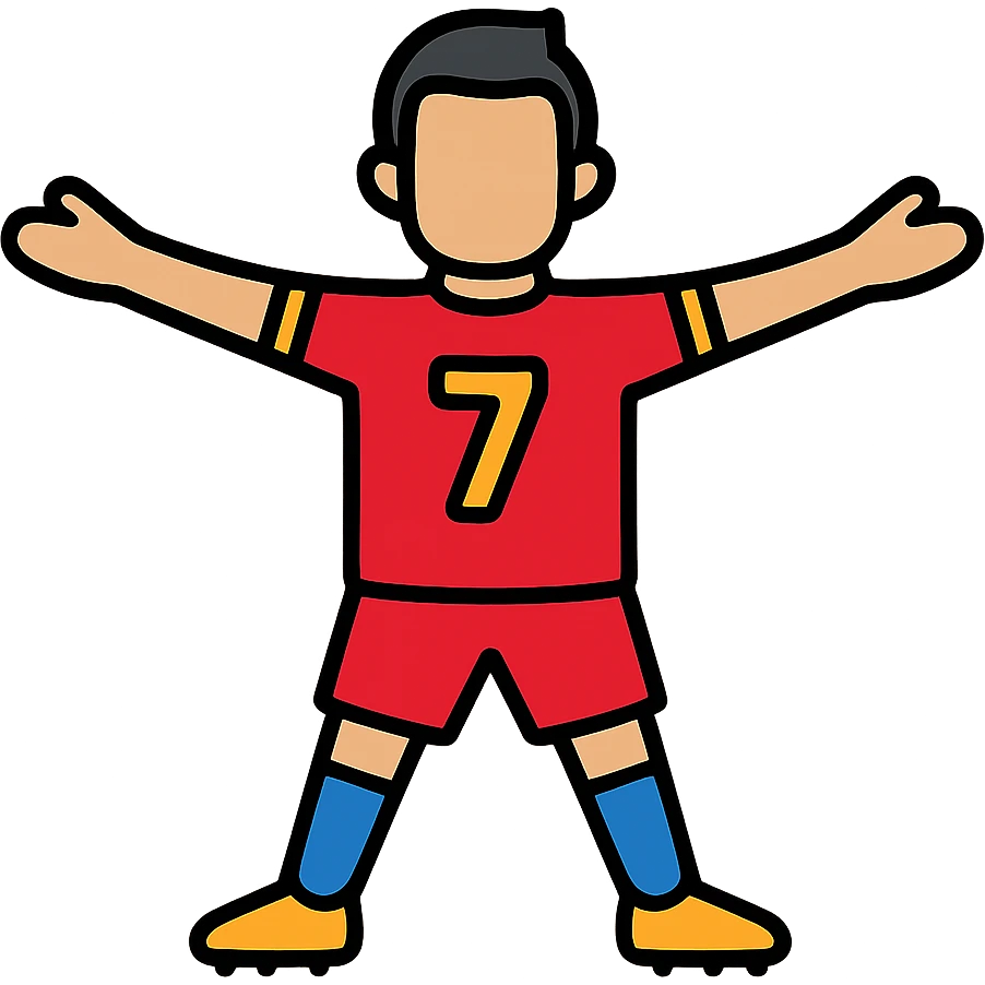 Cristiano Ronaldo soccer player with number 7 jersey, striking a celebration pose with arms spread emoji