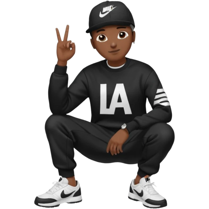 Crea Un Emoji De Cuerpo Completo Que Sea Hombre Con Corte Alucin Que Tenga Gorra Nike, Suéter Negro Que Tenga La Letras LA El La Parte Del Corazón, Zapatos Adidas Con Una Palomita✅, Pantalón Ancho O Bellaco Con Unos Diseños De Palomas Blancas Y Asiendo Una Pose Con Su Mano Que Sea Está 🤙🏽. emoji