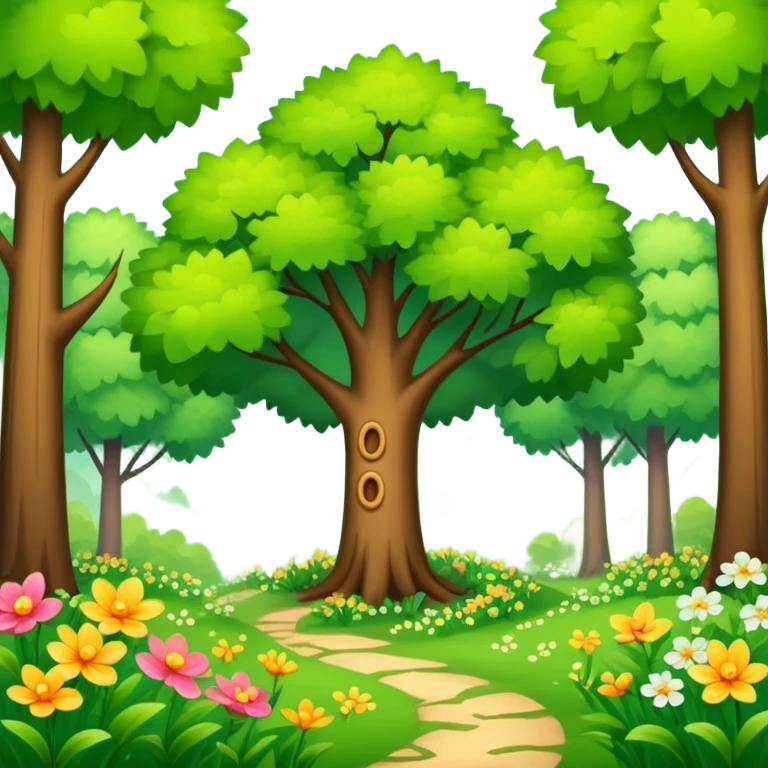 spring season in a forest with trees having fresh green leaves and blooming flowers, bright and cheerful emoji